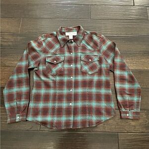 Tasha Polizzi Shirt Womens M Western Cowboy Plaid Pearl Snap Rust Teal